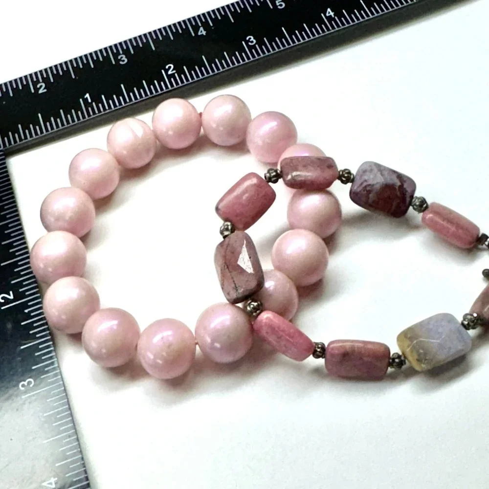 Chunky Pink Round Beads Mixed Gemstone‎ Style Toggle Bracelet Set of Two